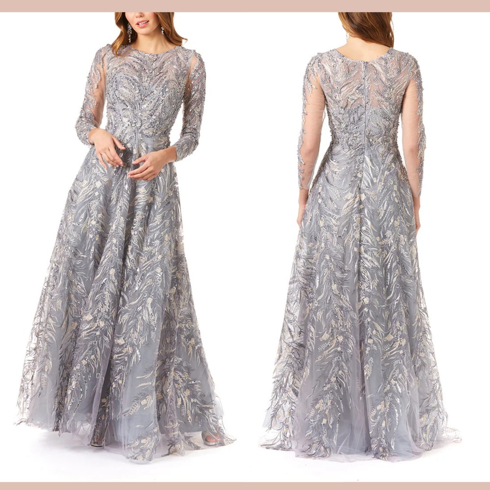 NWT $598 LARA NY [ 20 ] 20353 High Neck Long Sleeve Ball Gown Steal Blue‎ #J2034